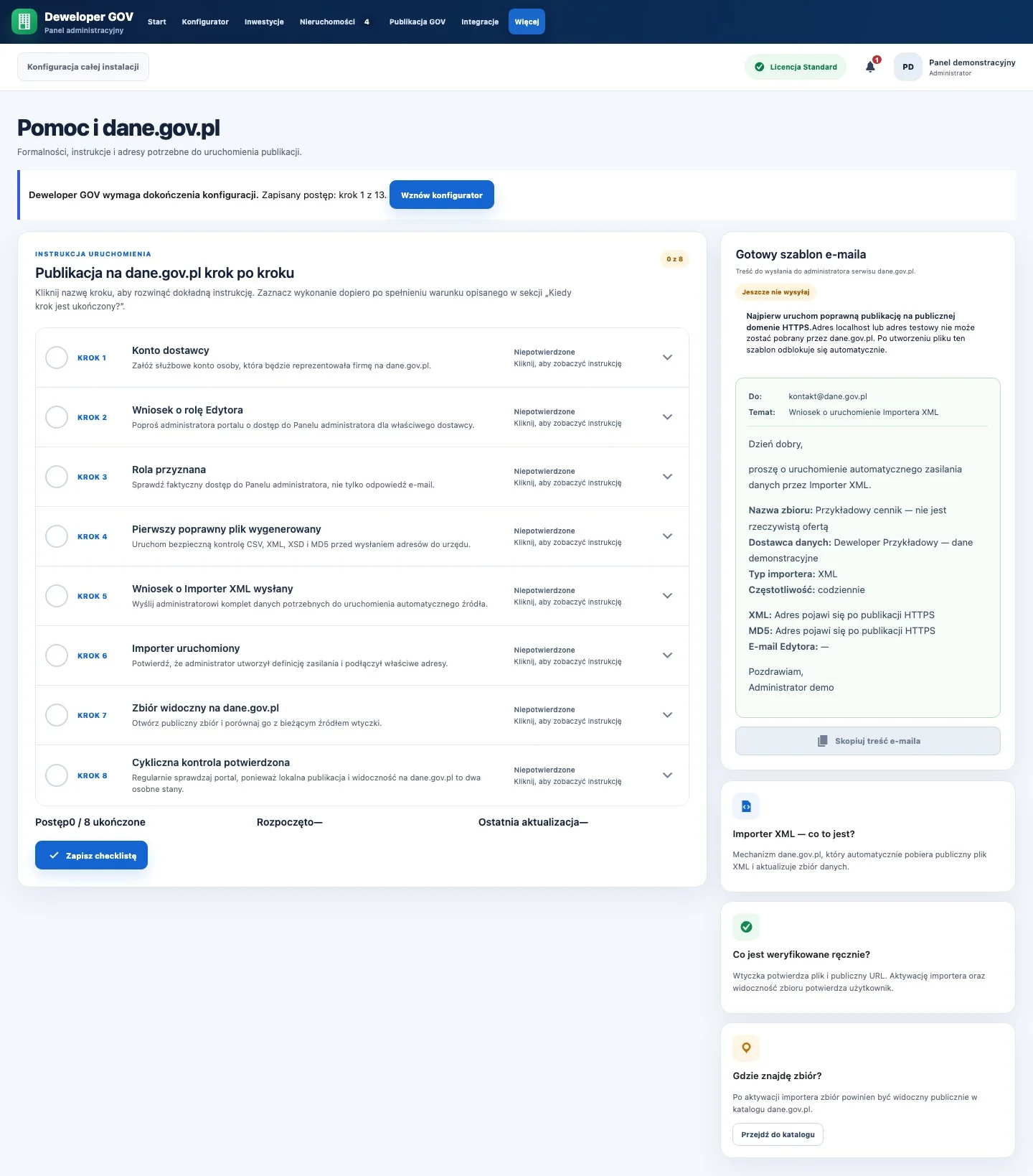 Rozwijane instrukcje i checklista dane.gov.pl w Deweloper GOV, na przykładowych danych